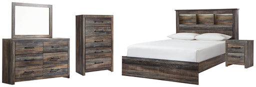 Drystan Queen Bookcase Bed with Mirrored Dresser, Chest and Nightstand Huntsville Furniture Outlet