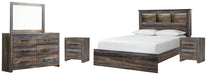 Drystan Queen Bookcase Bed with Mirrored Dresser and 2 Nightstands Huntsville Furniture Outlet