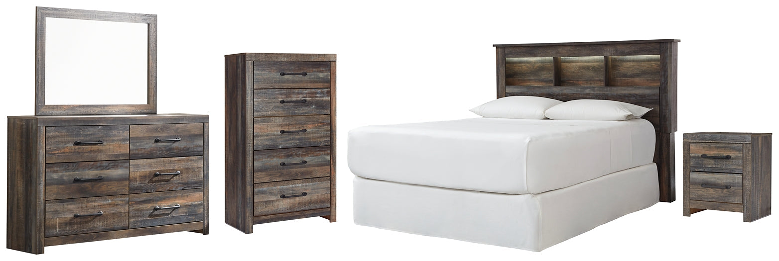 Drystan Queen/Full Bookcase Headboard with Mirrored Dresser, Chest and Nightstand Huntsville Furniture Outlet