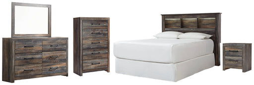 Drystan Queen/Full Bookcase Headboard with Mirrored Dresser, Chest and Nightstand Huntsville Furniture Outlet