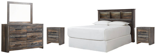 Drystan Queen/Full Bookcase Headboard with Mirrored Dresser and 2 Nightstands Huntsville Furniture Outlet