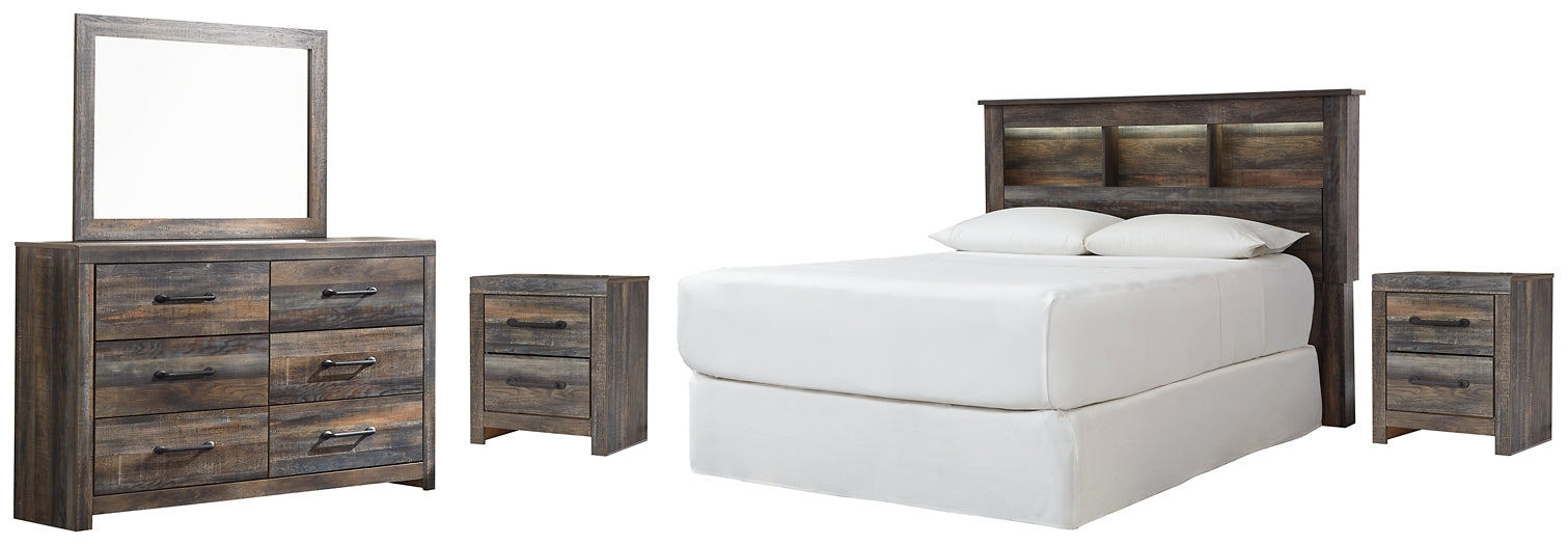 Drystan Queen/Full Bookcase Headboard with Mirrored Dresser and 2 Nightstands Huntsville Furniture Outlet