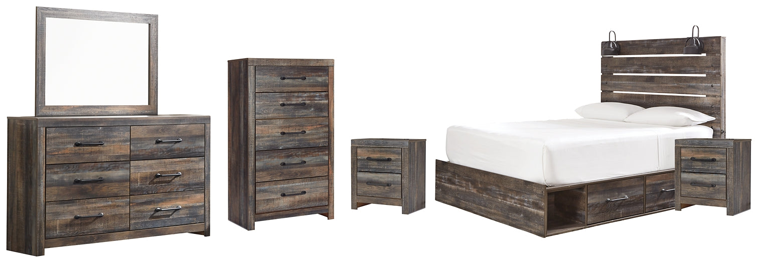 Drystan Queen Panel Bed with 2 Storage Drawers with Mirrored Dresser, Chest and 2 Nightstands Huntsville Furniture Outlet