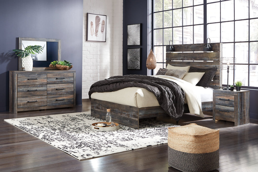 Drystan Queen Panel Bed with 2 Storage Drawers with Mirrored Dresser, Chest and 2 Nightstands Huntsville Furniture Outlet