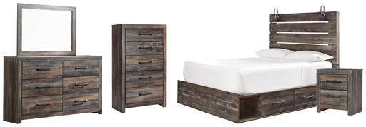 Drystan Queen Panel Bed with 2 Storage Drawers with Mirrored Dresser, Chest and Nightstand Huntsville Furniture Outlet