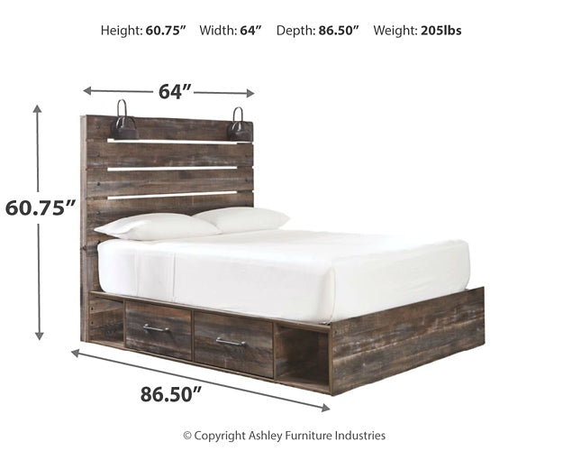 Drystan Queen Panel Bed with 2 Storage Drawers with Mirrored Dresser Huntsville Furniture Outlet