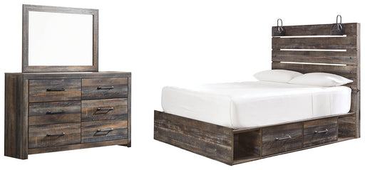 Drystan Queen Panel Bed with 2 Storage Drawers with Mirrored Dresser Huntsville Furniture Outlet