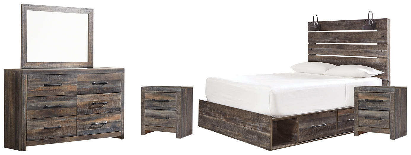 Drystan Queen Panel Bed with 2 Storage Drawers with Mirrored Dresser and 2 Nightstands Huntsville Furniture Outlet