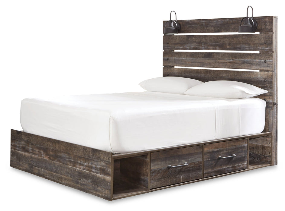 Drystan Queen Panel Bed with 2 Storage Drawers with Mirrored Dresser and 2 Nightstands Huntsville Furniture Outlet