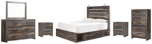 Drystan Queen Panel Bed with 4 Storage Drawers with Mirrored Dresser, Chest and 2 Nightstands Huntsville Furniture Outlet