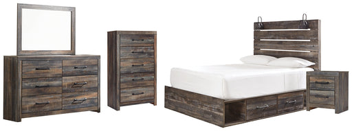 Drystan Queen Panel Bed with 4 Storage Drawers with Mirrored Dresser, Chest and Nightstand Huntsville Furniture Outlet