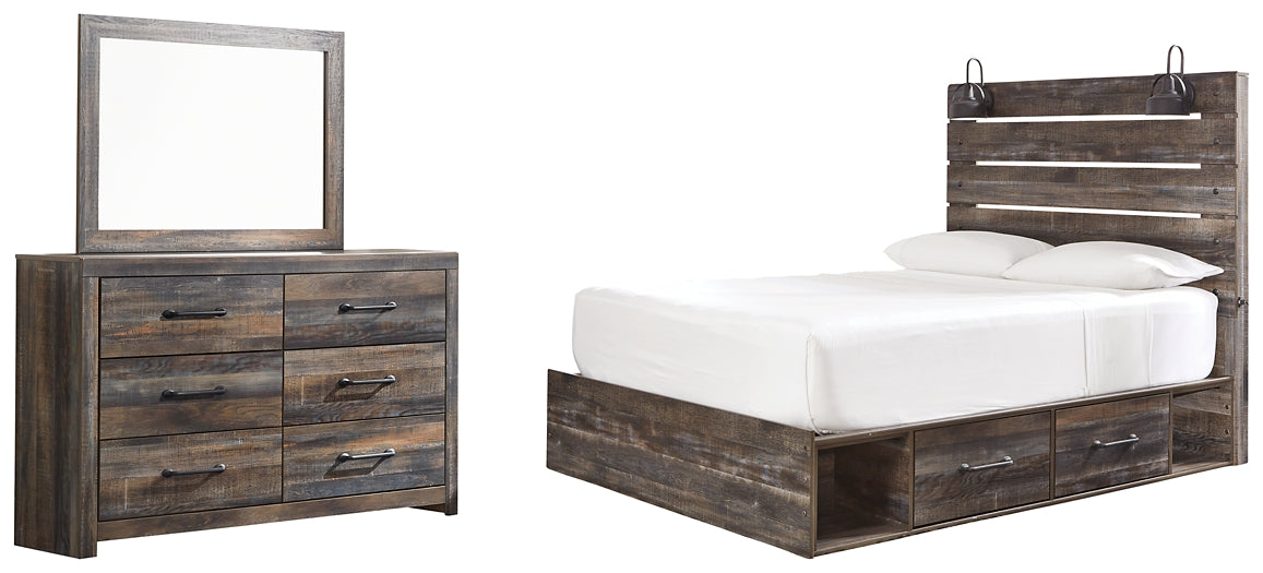 Drystan Queen Panel Bed with 4 Storage Drawers with Mirrored Dresser Huntsville Furniture Outlet