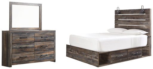 Drystan Queen Panel Bed with 4 Storage Drawers with Mirrored Dresser Huntsville Furniture Outlet