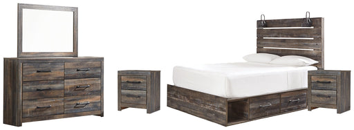 Drystan Queen Panel Bed with 4 Storage Drawers with Mirrored Dresser and 2 Nightstands Huntsville Furniture Outlet