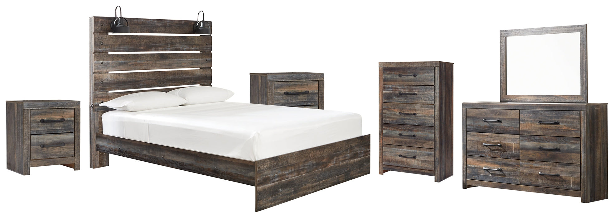 Drystan Queen Panel Bed with Mirrored Dresser, Chest and 2 Nightstands Huntsville Furniture Outlet