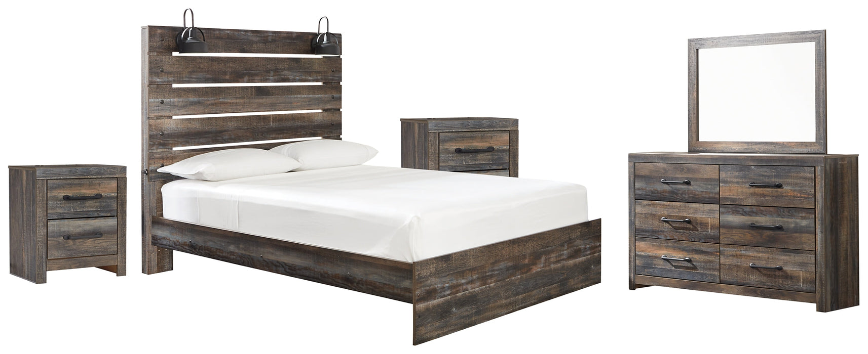 Drystan Queen Panel Bed with Mirrored Dresser and 2 Nightstands Huntsville Furniture Outlet