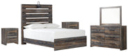 Drystan Queen Panel Bed with Mirrored Dresser and 2 Nightstands Huntsville Furniture Outlet