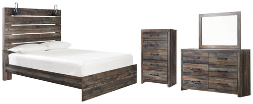 Drystan Queen Panel Bed with Mirrored Dresser and Chest Huntsville Furniture Outlet