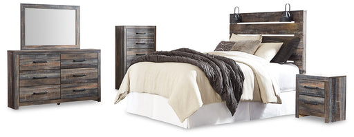 Drystan Queen Panel Headboard with Mirrored Dresser, Chest and Nightstand Huntsville Furniture Outlet