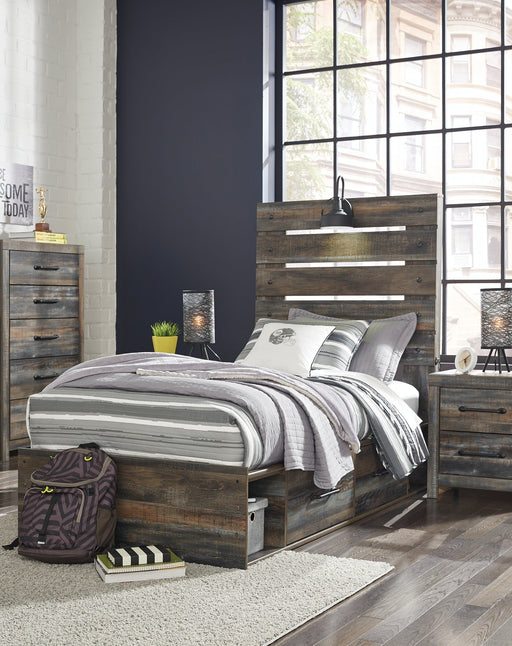 Drystan Twin Panel Bed with 4 Storage Drawers with Mirrored Dresser Huntsville Furniture Outlet