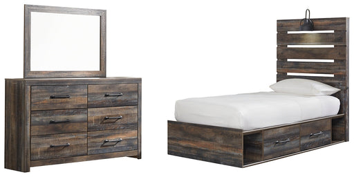 Drystan Twin Panel Bed with 4 Storage Drawers with Mirrored Dresser Huntsville Furniture Outlet