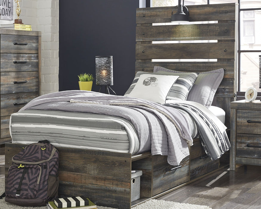 Drystan Twin Panel Bed with 4 Storage Drawers with Mirrored Dresser and Chest Huntsville Furniture Outlet