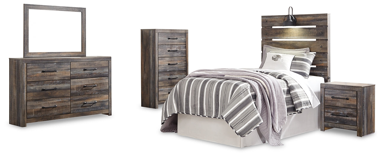 Drystan Twin Panel Headboard with Mirrored Dresser, Chest and Nightstand Huntsville Furniture Outlet