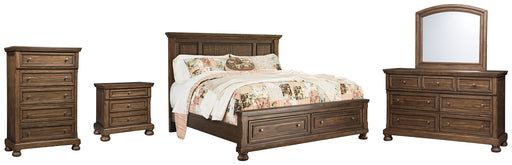 Flynnter King Panel Bed with 2 Storage Drawers with Mirrored Dresser, Chest and Nightstand Huntsville Furniture Outlet