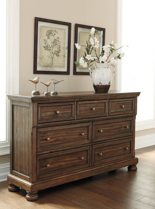 Flynnter Queen Panel Bed with 2 Storage Drawers with Dresser Huntsville Furniture Outlet