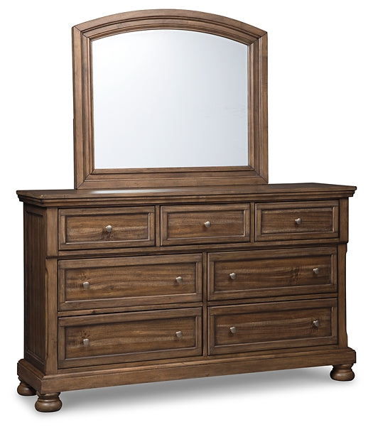 Flynnter Queen Panel Bed with 2 Storage Drawers with Mirrored Dresser, Chest and 2 Nightstands Huntsville Furniture Outlet