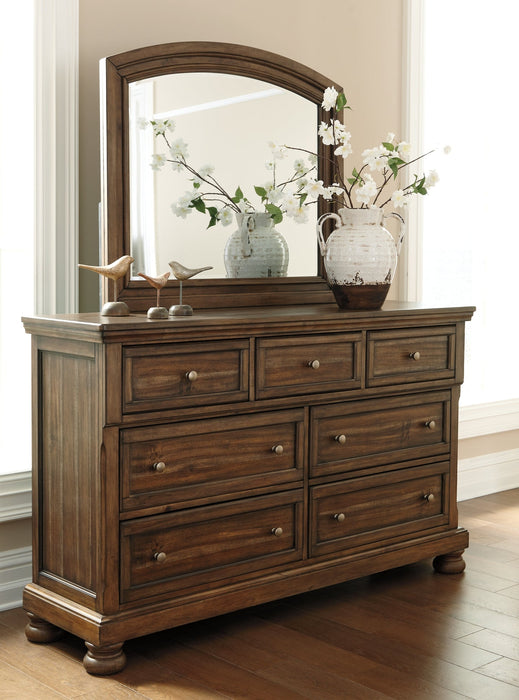 Flynnter Queen Panel Bed with 2 Storage Drawers with Mirrored Dresser, Chest and 2 Nightstands Huntsville Furniture Outlet