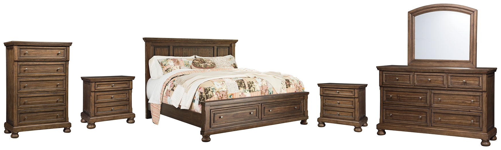 Flynnter Queen Panel Bed with 2 Storage Drawers with Mirrored Dresser, Chest and 2 Nightstands Huntsville Furniture Outlet