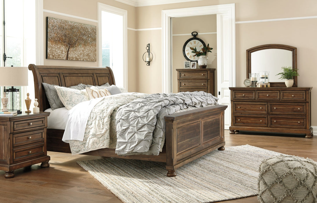 Flynnter Queen Panel Bed with 2 Storage Drawers with Mirrored Dresser, Chest and Nightstand Huntsville Furniture Outlet