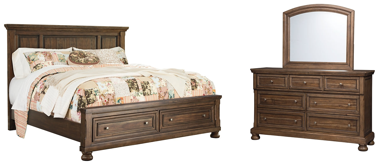 Flynnter Queen Panel Bed with 2 Storage Drawers with Mirrored Dresser Huntsville Furniture Outlet