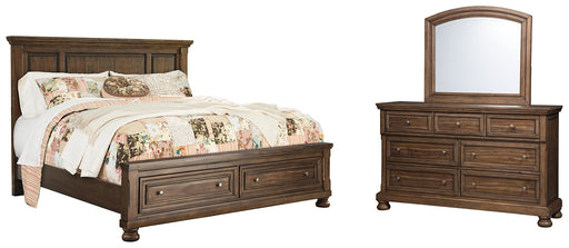 Flynnter Queen Panel Bed with 2 Storage Drawers with Mirrored Dresser Huntsville Furniture Outlet