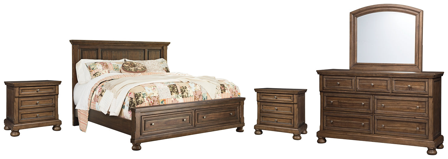 Flynnter Queen Panel Bed with 2 Storage Drawers with Mirrored Dresser and 2 Nightstands Huntsville Furniture Outlet