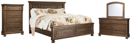 Flynnter Queen Panel Bed with 2 Storage Drawers with Mirrored Dresser and Chest Huntsville Furniture Outlet