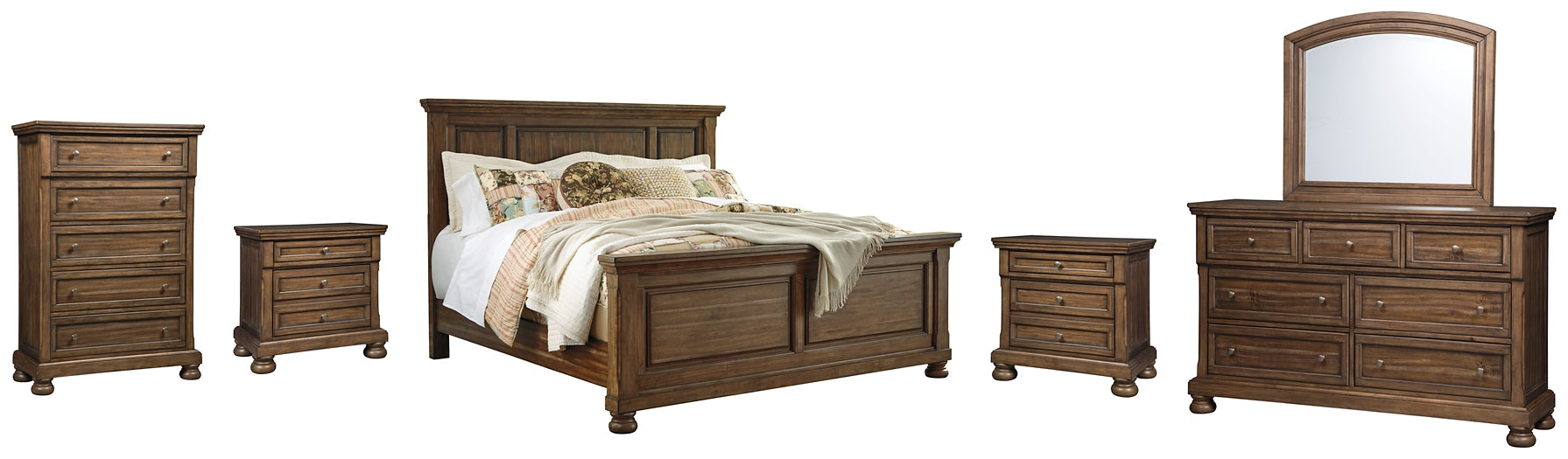 Flynnter Queen Panel Bed with Mirrored Dresser, Chest and 2 Nightstands Huntsville Furniture Outlet