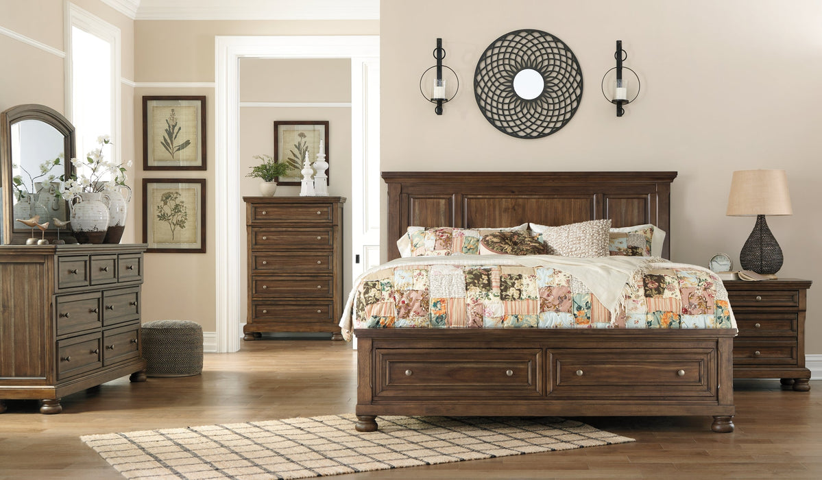 Flynnter Queen Panel Bed with Mirrored Dresser, Chest and Nightstand Huntsville Furniture Outlet