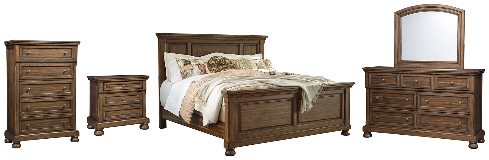 Flynnter Queen Panel Bed with Mirrored Dresser, Chest and Nightstand Huntsville Furniture Outlet