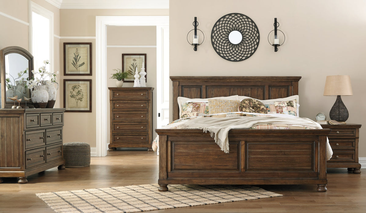 Flynnter Queen Panel Bed with Mirrored Dresser, Chest and Nightstand Huntsville Furniture Outlet