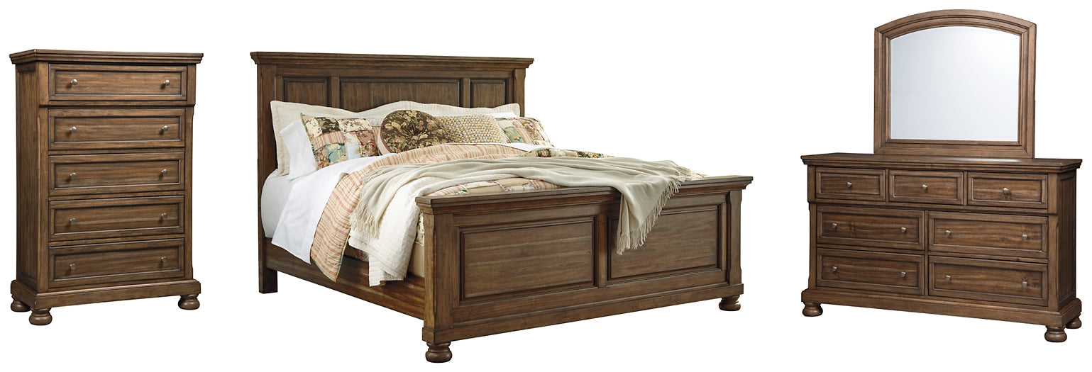 Flynnter Queen Panel Bed with Mirrored Dresser and Chest Huntsville Furniture Outlet