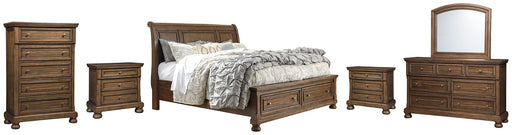 Flynnter Queen Sleigh Bed with 2 Storage Drawers with Mirrored Dresser, Chest and 2 Nightstands Huntsville Furniture Outlet