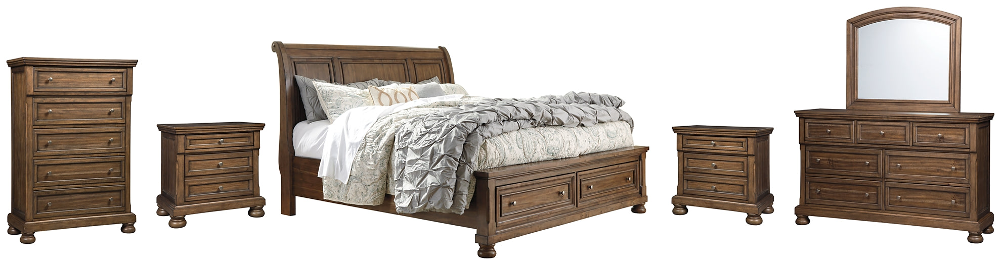 Flynnter Queen Sleigh Bed with 2 Storage Drawers with Mirrored Dresser, Chest and 2 Nightstands Huntsville Furniture Outlet