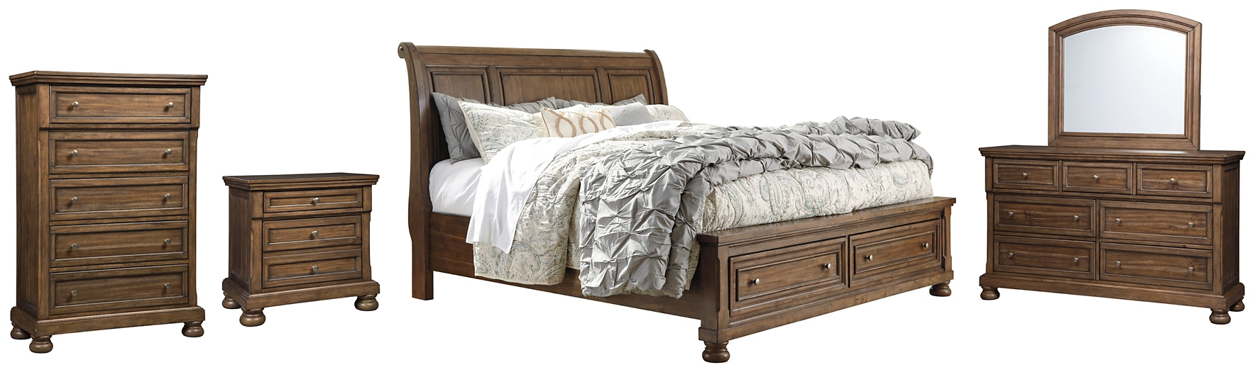 Flynnter Queen Sleigh Bed with 2 Storage Drawers with Mirrored Dresser, Chest and Nightstand Huntsville Furniture Outlet