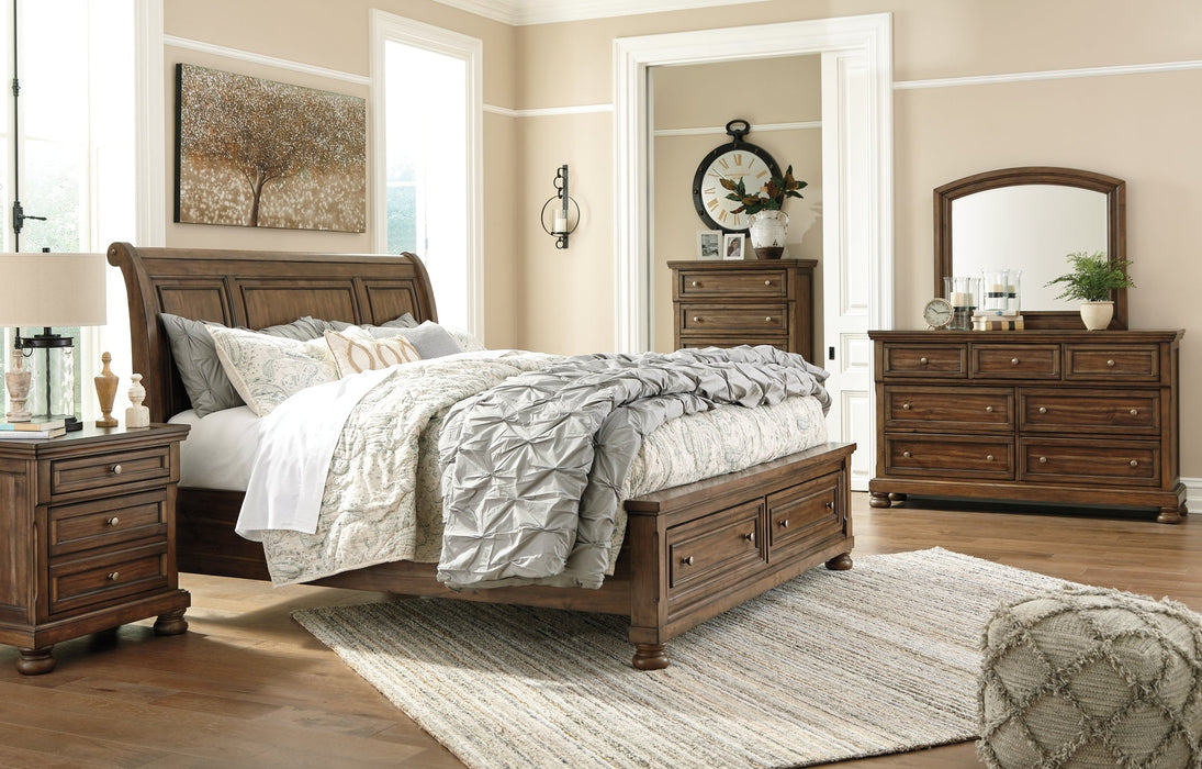 Flynnter Queen Sleigh Bed with 2 Storage Drawers with Mirrored Dresser, Chest and Nightstand Huntsville Furniture Outlet