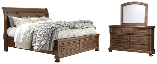 Flynnter Queen Sleigh Bed with 2 Storage Drawers with Mirrored Dresser Huntsville Furniture Outlet