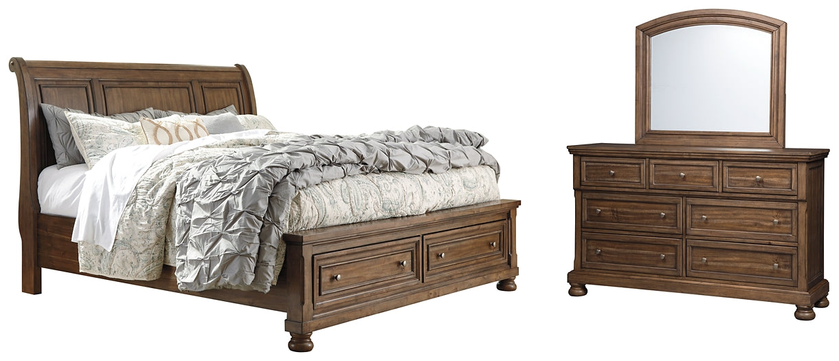 Flynnter Queen Sleigh Bed with 2 Storage Drawers with Mirrored Dresser Huntsville Furniture Outlet