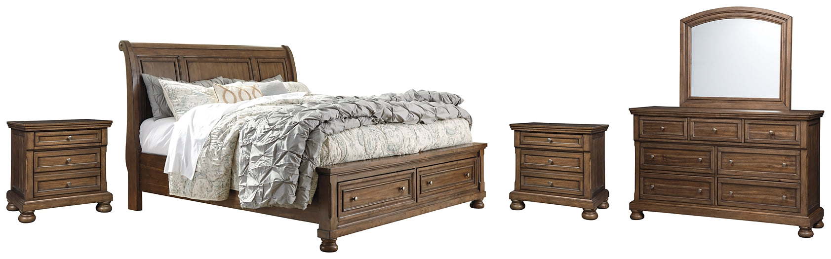 Flynnter Queen Sleigh Bed with 2 Storage Drawers with Mirrored Dresser and 2 Nightstands Huntsville Furniture Outlet