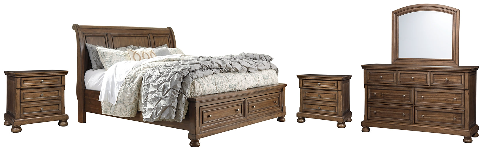 Flynnter Queen Sleigh Bed with 2 Storage Drawers with Mirrored Dresser and 2 Nightstands Huntsville Furniture Outlet